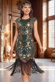 Black Golden Vintage Fringed Cap Sleeves Sequins 1920s Flapper Dress with Beading