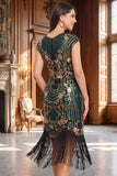 Black Golden Vintage Fringed Cap Sleeves Sequins 1920s Flapper Dress with Beading