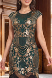 Black Golden Vintage Fringed Cap Sleeves Sequins 1920s Flapper Dress with Beading