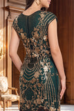 Black Golden Vintage Fringed Cap Sleeves Sequins 1920s Flapper Dress with Beading