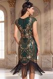 Black Golden Vintage Fringed Cap Sleeves Sequins 1920s Flapper Dress with Beading