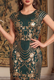 Black Golden Vintage Fringed Cap Sleeves Sequins 1920s Flapper Dress with Beading