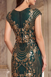 Black Golden Vintage Fringed Cap Sleeves Sequins 1920s Flapper Dress with Beading