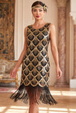 Black Golden Sequins Vintage Fringed Short 1920s Flapper Dress