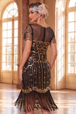 Sparkly Black Golden Bodycon Sequins Short Great Gatsby Party Dress with Fringes