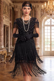 Vintage Black Golden Fringed Sequins 1920s Flapper Dress with Cap Sleeves