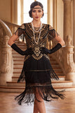 Vintage Black Golden Fringed Sequins 1920s Flapper Dress with Cap Sleeves
