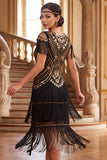 Vintage Black Golden Fringed Sequins 1920s Flapper Dress with Cap Sleeves