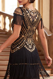 Vintage Black Golden Fringed Sequins 1920s Flapper Dress with Cap Sleeves