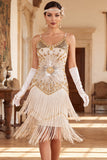 Vintage Black Golden Sequins Sleeveless 1920s Flapper Dress with Fringes
