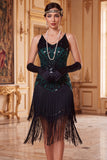 Vintage Black Golden Sequins Sleeveless 1920s Flapper Dress with Fringes