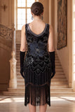 Sparkly Black Golden Sequins Bodycon Scoop Neck 1920s Flapper Dress with Fringes
