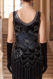 Sparkly Black Golden Sequins Bodycon Scoop Neck 1920s Flapper Dress with Fringes