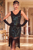 Sparkly Black Golden Sequins Bodycon Scoop Neck 1920s Flapper Dress with Fringes