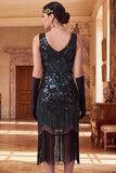 Sparkly Black Golden Sequins Bodycon Scoop Neck 1920s Flapper Dress with Fringes