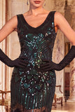 Sparkly Black Golden Sequins Bodycon Scoop Neck 1920s Flapper Dress with Fringes
