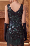 Sparkly Black Golden Sequins Bodycon Scoop Neck 1920s Flapper Dress with Fringes