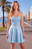 Blue A Line Corset Sequin Ruffle Short Homecoming Dress with Lace Up Back