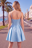 Blue A Line Corset Sequin Ruffle Short Homecoming Dress with Lace Up Back