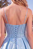 Blue A Line Corset Sequin Ruffle Short Homecoming Dress with Lace Up Back