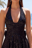 Sparkly A Line Black Halter Backless Short Homecoming Dress with Bow