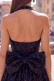 Sparkly A Line Black Halter Backless Short Homecoming Dress with Bow