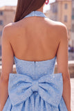 Sparkly A Line Black Halter Backless Short Homecoming Dress with Bow