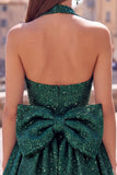 Sparkly A Line Black Halter Backless Short Homecoming Dress with Bow
