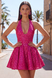 Sparkly A Line Black Halter Backless Short Homecoming Dress with Bow