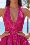 Sparkly A Line Black Halter Backless Short Homecoming Dress with Bow
