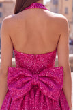 Sparkly A Line Black Halter Backless Short Homecoming Dress with Bow