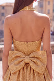 Sparkly A Line Black Halter Backless Short Homecoming Dress with Bow