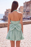 Sparkly A Line Black Halter Backless Short Homecoming Dress with Bow