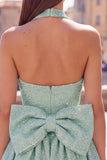 Sparkly A Line Black Halter Backless Short Homecoming Dress with Bow
