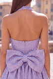 Sparkly A Line Black Halter Backless Short Homecoming Dress with Bow