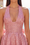 Sparkly A Line Black Halter Backless Short Homecoming Dress with Bow