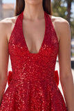 Sparkly A Line Black Halter Backless Short Homecoming Dress with Bow