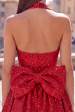Sparkly A Line Black Halter Backless Short Homecoming Dress with Bow