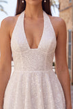 Sparkly A Line Black Halter Backless Short Homecoming Dress with Bow