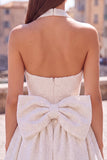 Sparkly A Line Black Halter Backless Short Homecoming Dress with Bow