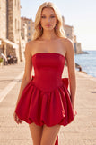 Black Strapless A Line Bubble Hem Homecoming Dress with Back Bow