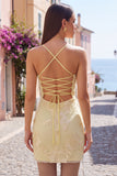 Yellow Bodycon Corset Floral Embroidery Short Homecoming Dress with Lace Up Back