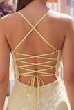 Yellow Bodycon Corset Floral Embroidery Short Homecoming Dress with Lace Up Back
