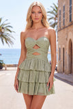 Grey Green A Line Cut Out Strapless Tiered Ruffle Short Homecoming Dress