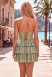 Grey Green A Line Cut Out Strapless Tiered Ruffle Short Homecoming Dress
