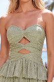 Grey Green A Line Cut Out Strapless Tiered Ruffle Short Homecoming Dress
