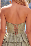 Grey Green A Line Cut Out Strapless Tiered Ruffle Short Homecoming Dress