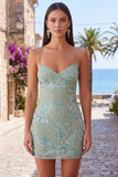 Apricot Bodycon Spaghetti Straps Beaded Short Homecoming Dress with Sequins