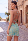 Apricot Bodycon Spaghetti Straps Beaded Short Homecoming Dress with Sequins