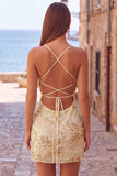 Apricot Bodycon Spaghetti Straps Beaded Short Homecoming Dress with Sequins